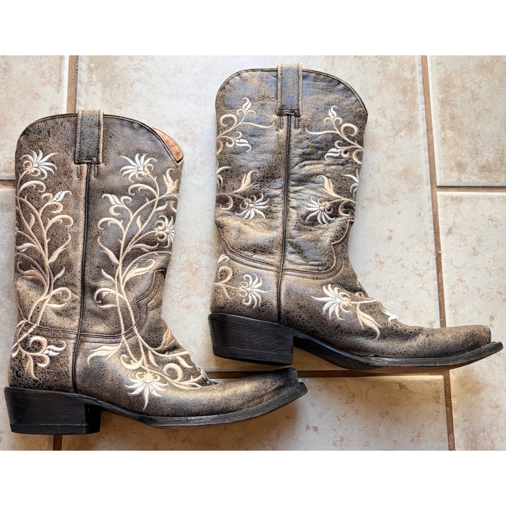Stetson Womens Garden Variety Grey Floral Embroidered Western Boot Size 7.5